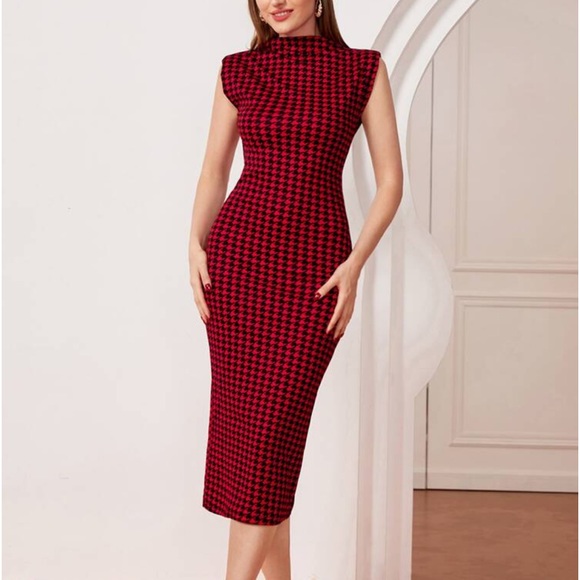 Classic Houndstooth Padded Shoulder Mock Neck Bodycon Dress - Picture 10 of 14